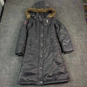 Baby Phat Puffer Parka Jacket Womens M Black Faux Fur Hood Y2K Long Coat